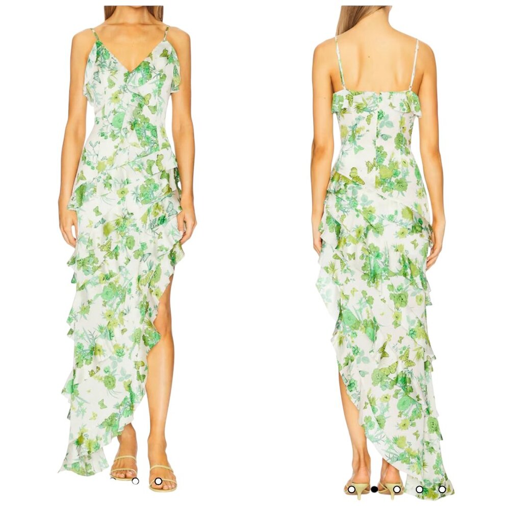 Elliatt Tess Asymmetrical Green Floral Ruffle Maxi Dress Small